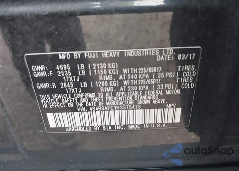 2017 Subaru Outback 2.5I Premium z USA, uszkodzony, nr VIN 4S4BSAFC1H3375475